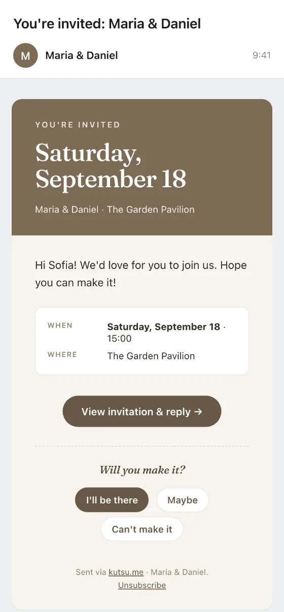 The same invitation as an email, with the date, the venue and the reply buttons in the message itself