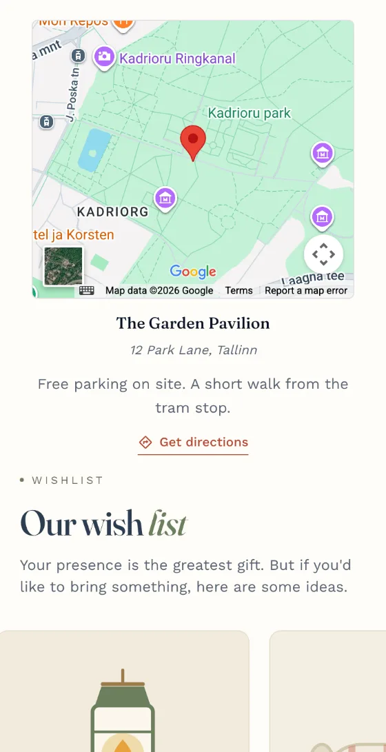 A kutsu.me invitation's venue map, address and shared wishlist