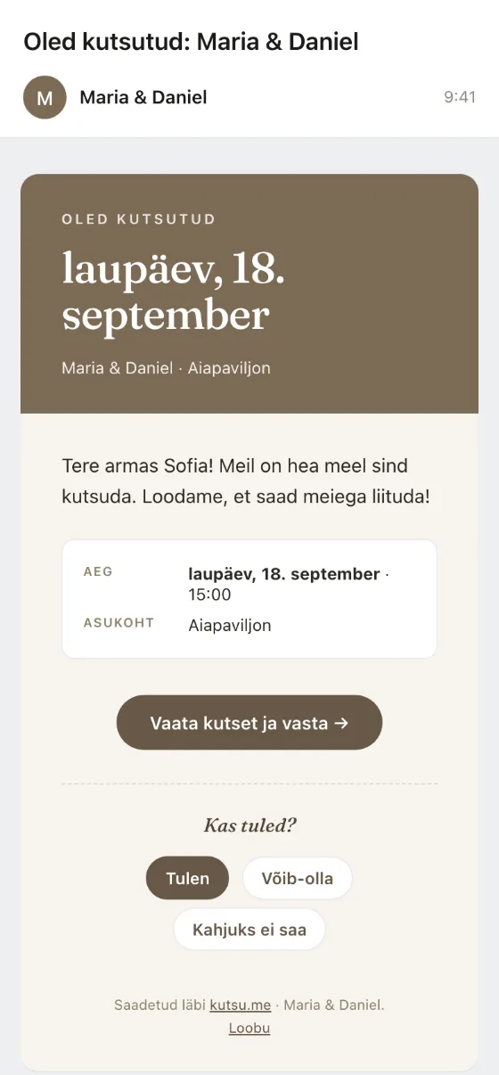 Sama kutse e-kirjana - kuupäev, koht ja vastamise nupud otse kirjas