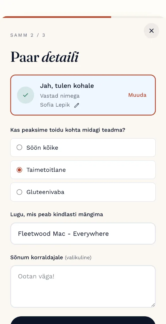 Kutsu.me vastamisvorm - nimi, toidusoov ja korraldaja enda küsimus