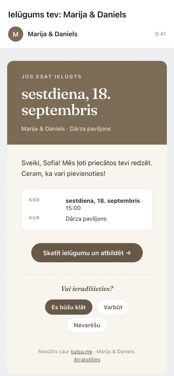 Tas pats ielūgums kā e-pasts - datums, vieta un atbildes pogas pašā vēstulē