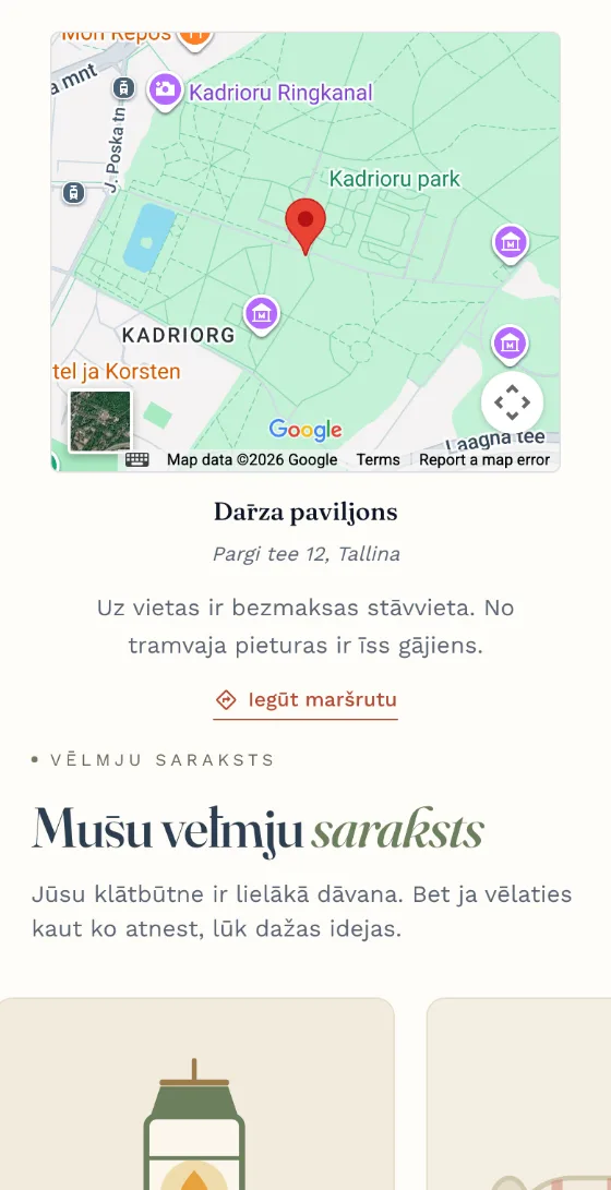 Kutsu.me ielūguma vietas karte, adrese un kopīgais vēlmju saraksts