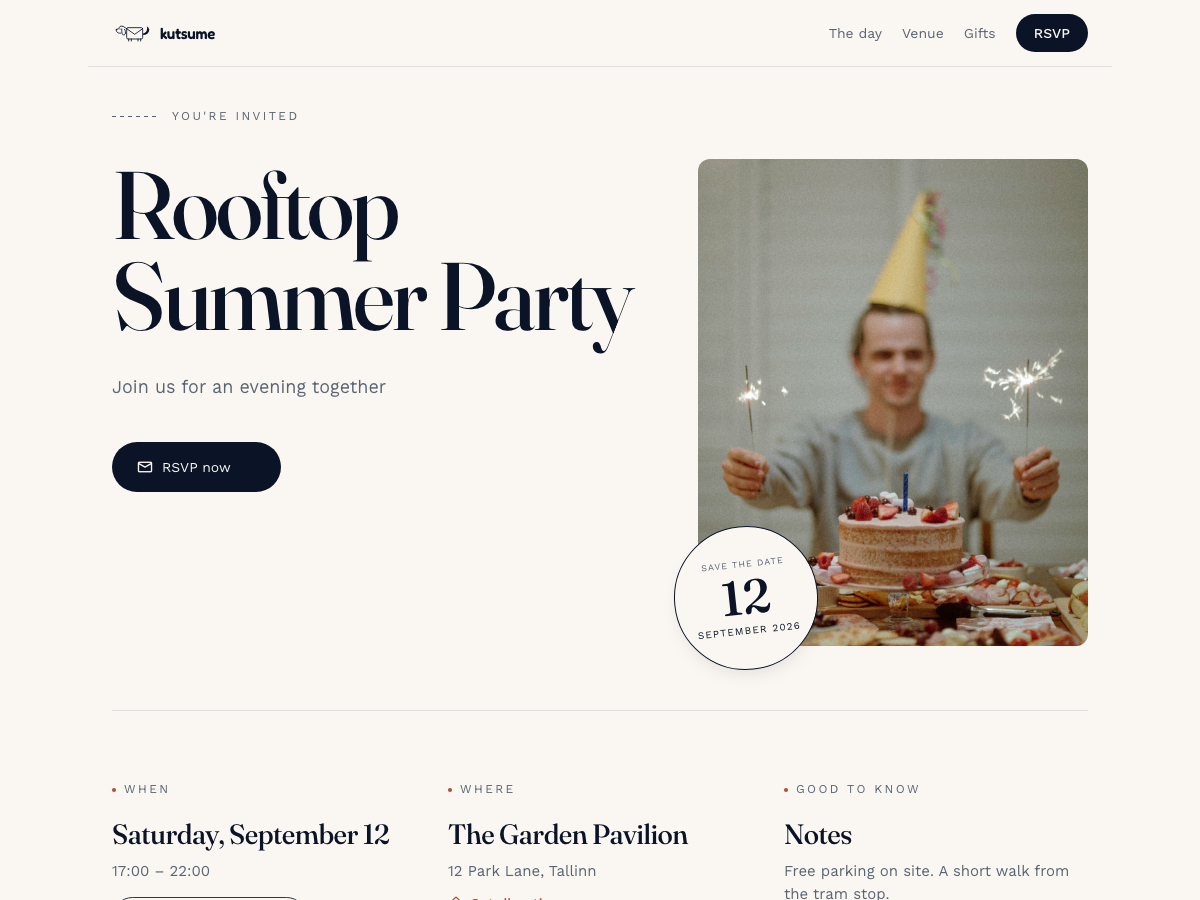 A sample invitation on the Editorial warm design